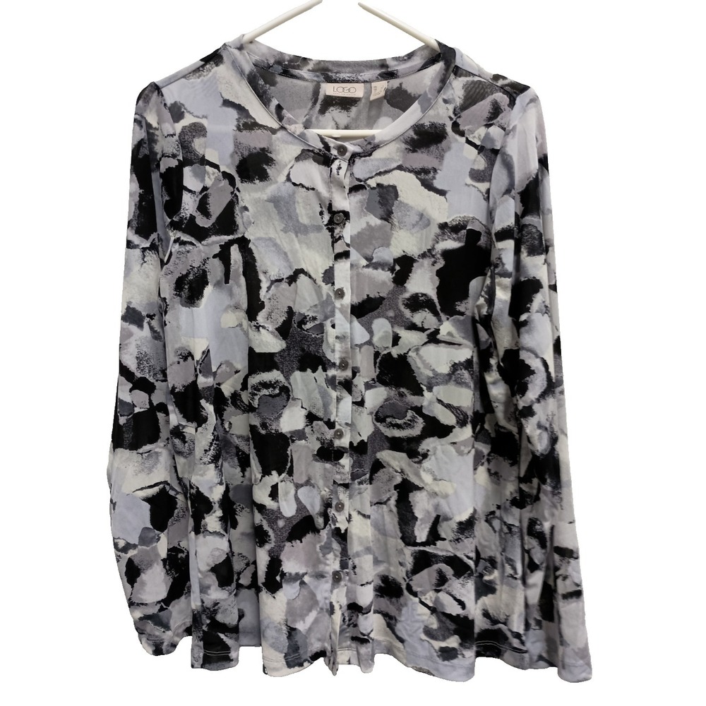 LOGO Lori‎ Goldstein Lagenlook Artsy Cardigan Womens Size Large Gray Floral Mesh
